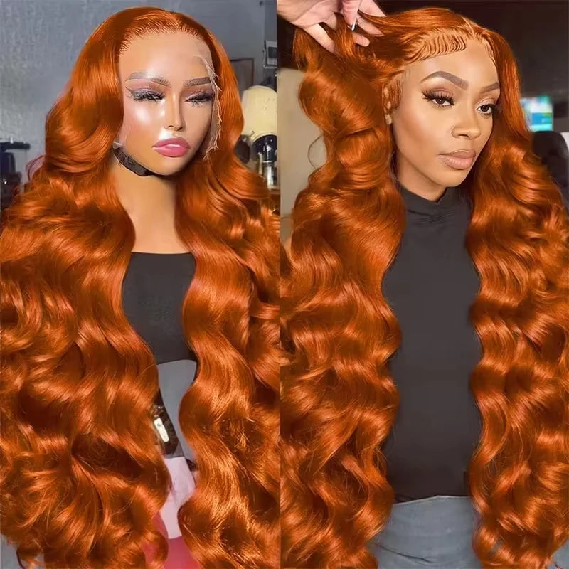 350 Ginger Copper Red Body Wave 13x4 Lace Front Human Hair Wigs for Women 16-38 Inch Pre Plucked HD Lace Frontal Wig Cut-Free Free Part Human Hair Wigs Need Glue Install Ear to Ear Frontal Wigs Long Wavy Virgin Re