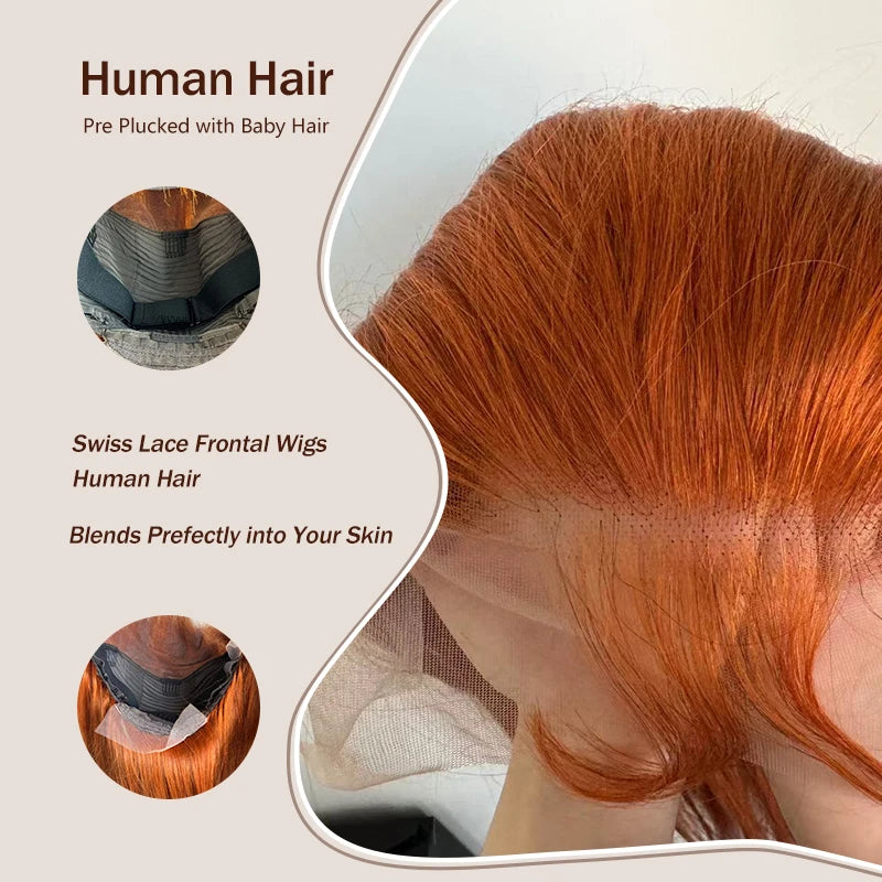 350 Ginger Copper Red Body Wave 13x4 Lace Front Human Hair Wigs for Women 16-38 Inch Pre Plucked HD Lace Frontal Wig Cut-Free Free Part Human Hair Wigs Need Glue Install Ear to Ear Frontal Wigs Long Wavy Virgin Re