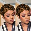 Women's Human Hair Pixie Cut Wig full machine made - Short Layered Curly with Bangs, Natural Black 250% Density