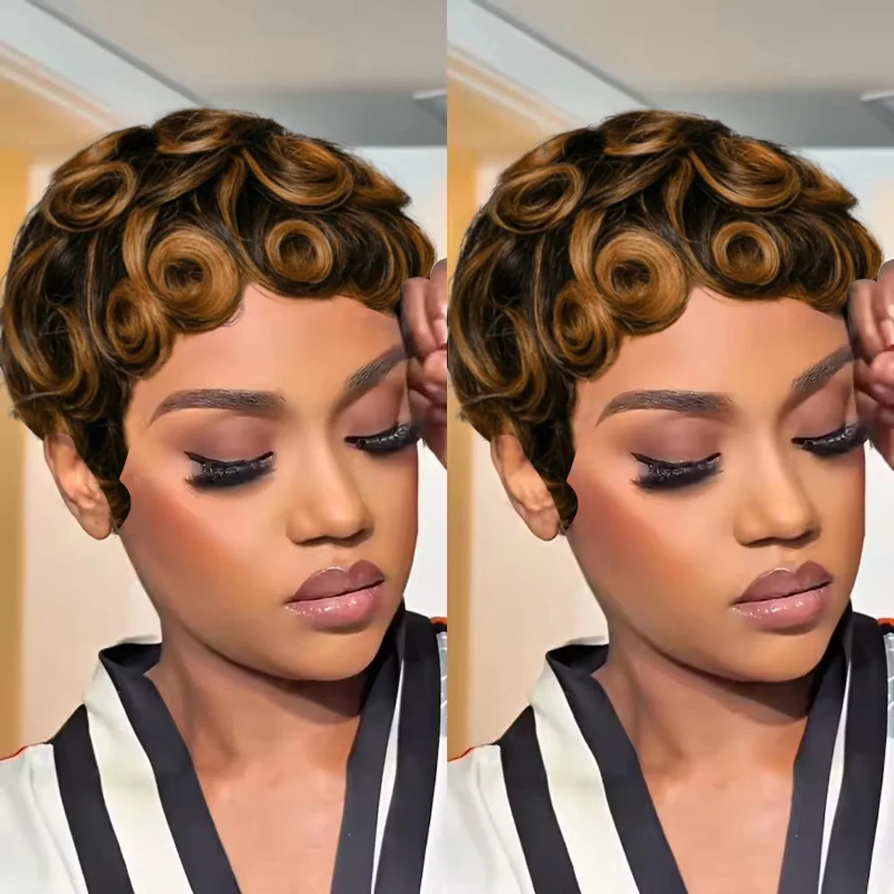 Women's Human Hair Pixie Cut Wig full machine made - Short Layered Curly with Bangs, Natural Black 250% Density