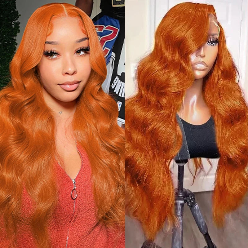 350 Ginger Copper Red Body Wave 13x4 Lace Front Human Hair Wigs for Women 16-38 Inch Pre Plucked HD Lace Frontal Wig Cut-Free Free Part Human Hair Wigs Need Glue Install Ear to Ear Frontal Wigs Long Wavy Virgin Re