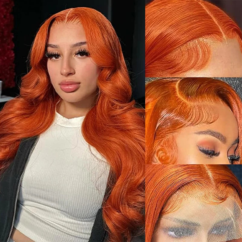 350 Ginger Copper Red Body Wave 13x4 Lace Front Human Hair Wigs for Women 16-38 Inch Pre Plucked HD Lace Frontal Wig Cut-Free Free Part Human Hair Wigs Need Glue Install Ear to Ear Frontal Wigs Long Wavy Virgin Re