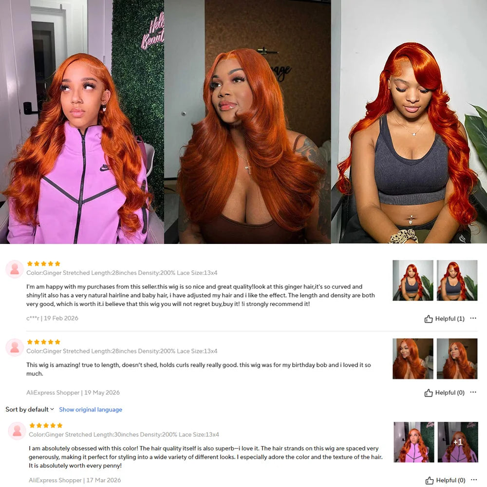 350 Ginger Copper Red Body Wave 13x4 Lace Front Human Hair Wigs for Women 16-38 Inch Pre Plucked HD Lace Frontal Wig Cut-Free Free Part Human Hair Wigs Need Glue Install Ear to Ear Frontal Wigs Long Wavy Virgin Re