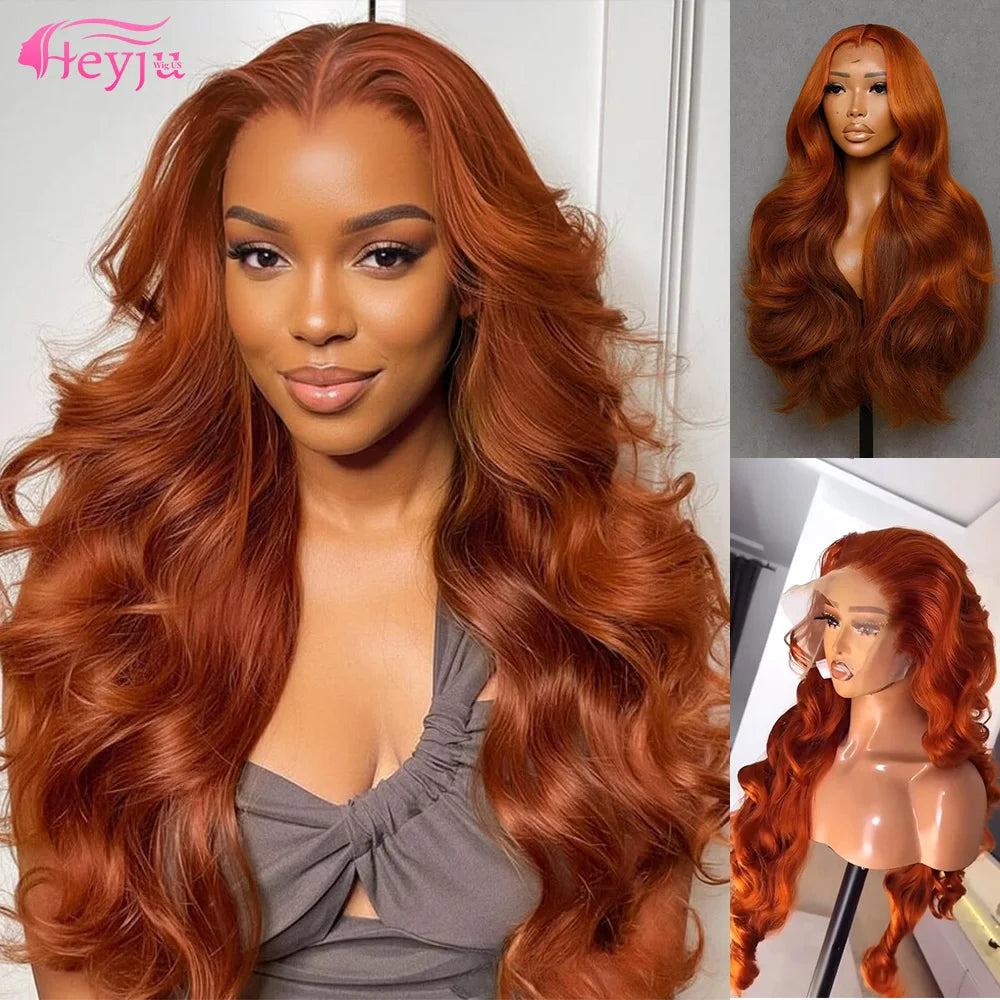 350 Ginger Copper Red Body Wave 13x4 Lace Front Human Hair Wigs for Women 16-38 Inch Pre Plucked HD Lace Frontal Wig Cut-Free Free Part Human Hair Wigs Need Glue Install Ear to Ear Frontal Wigs Long Wavy Virgin Re