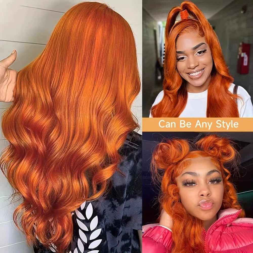 350 Ginger Copper Red Body Wave 13x4 Lace Front Human Hair Wigs for Women 16-38 Inch Pre Plucked HD Lace Frontal Wig Cut-Free Free Part Human Hair Wigs Need Glue Install Ear to Ear Frontal Wigs Long Wavy Virgin Re